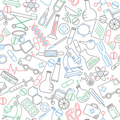 Seamless background with simple icons on a theme medicine and health, colored marker on white background