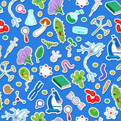 Seamless background with simple icons on the biology and training of colored stickers on a blue background