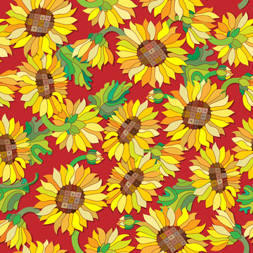 Seamless pattern with sunflowers on a red background