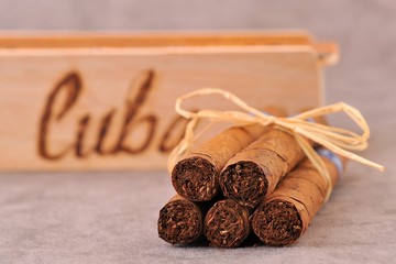 Cigars and wooden box, closeup