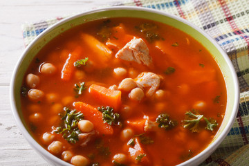 Thick soup chickpeas with chicken and vegetables close-up
