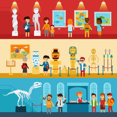 Fototapeta premium Art gallery visitors and antique museum of paleontology flat banners abstract isolated vector illustration. People look at the exhibition with guide, excursion to the museum. Infographic elements.