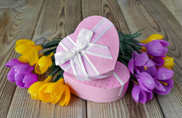 Bouquet of crocuses and gift box