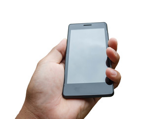 hand hold and touch screen smart phone,tablet,cellphone isolated on white , abstract background for...