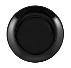 Empty black plate isolated on white. top view