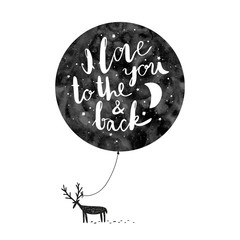 hand drawn vector illustration with a deer, ballon and text