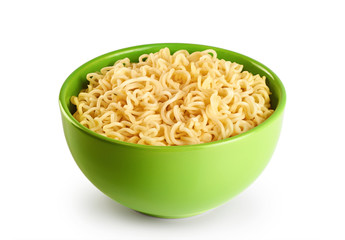 Bowl of instant noodles isolated on white background.
