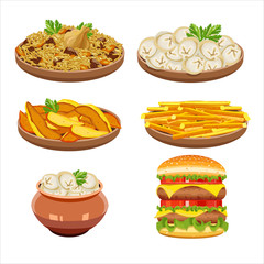 Set of vector isolated illustration, food. Rice, dumplings, Fren