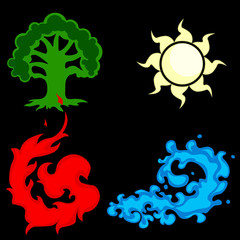 Bright colored vector stylized image of the elements of nature - water, fire, wood - the earth and the sun-air. Symbol of ecology, environmental protection, eco-Friendly style, harmony and Earth.