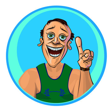 Vector image of cheerful trainer holding his index finger up