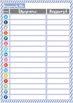 Passwords tracker page,for printing and keeping track of your social media passwords and the other sites you use