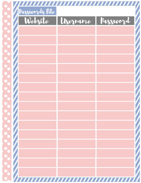 Passwords tracker page,for printing and keeping track of your social media passwords and the other sites you use