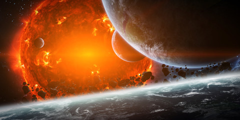 Exploding sun in space close to planet - obrazy, fototapety, plakaty