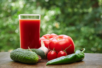 Tomatoes, cucumbers, garlic, hot pepper and juice