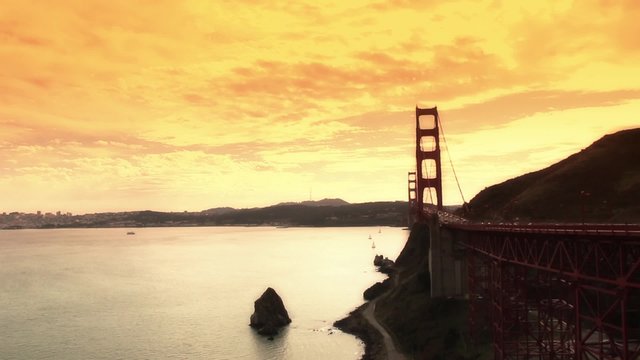 Golden Gate Bridge sunset pacific ocean - 1080p. Famous Golden Gate Bridge and the bay during sunset - Full HD