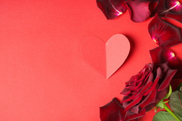 Passion concept for Valentine's day with dark red rose, petals and a paper heart on a red background with a copy space on the left side of photo.