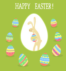 Banner for design posters or invitations on Happy Easter's Day with funny rabbit and hand drawn decorated eggs. Vector illustration.