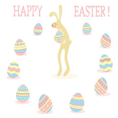 Banner for design posters or invitations on Happy Easter's Day with funny rabbit and hand drawn decorated eggs. Vector illustration.