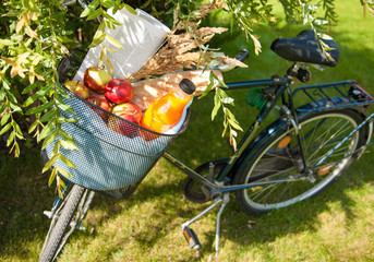 Bicycle basket with apples, orange juice, baguette and newspaper in summer garden during sunny day....