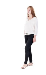 back view of walking  woman in jeans. beautiful blonde girl in m