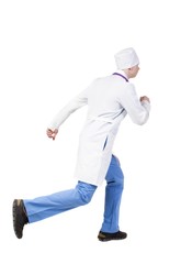 Back view of running doctor in a robe hurrying to help the patie