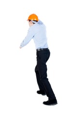 Back view of running engineer in helmet. Walking guy in motion. Rear view people collection. Backside view of person. Isolated over white background. on top of a man holding a helmet runs