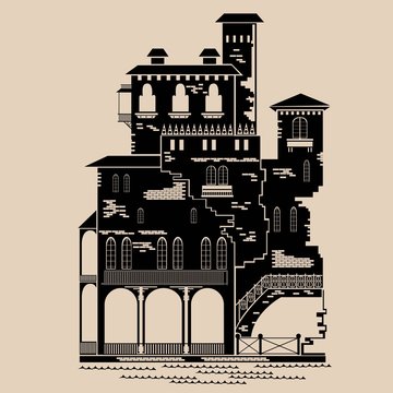 silhouette of vinice building engraving style