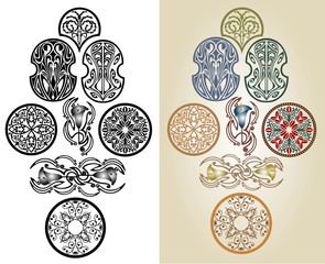 set of abstract art nouveau silhouettes color and black