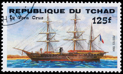 Stamp printed in Republic of Chad shows the ship "Le Vera Cruz"