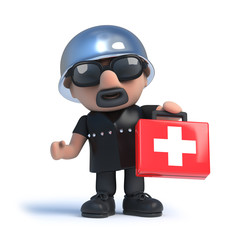 3d Biker holding a first aid kit