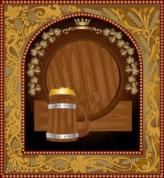 frame from pattern with wintage wood barrel and mug 