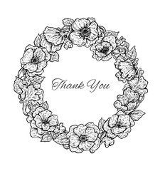 Beautiful black and white hand drawn vintage style round floral