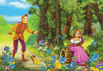 Obraz na płótnie Canvas Prince and princes in the forest - romantic scene - image for different fairy tales - illustration for the children
