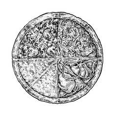 Black and white vintage sketchy style illustration of a pizza.