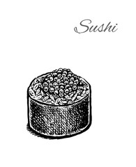 Black and white vector illustration of sushi.