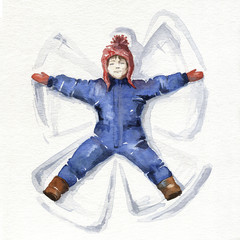 Little girl making a snow angel. Watercolor illustration.