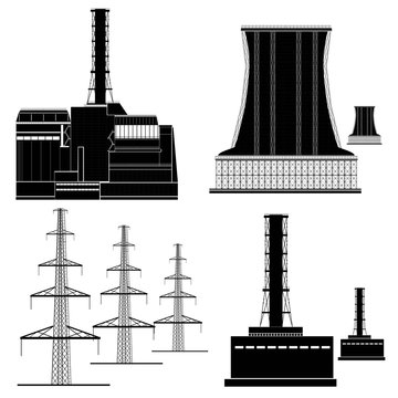 set of nuclear electric plant station silhouettes