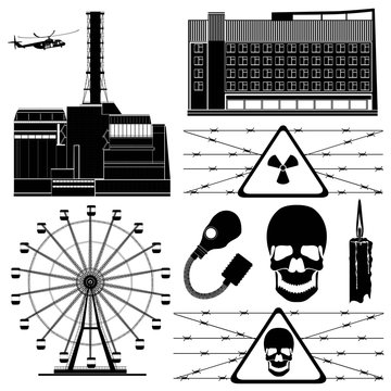 set of chernobyl zone symbols building silhouettes