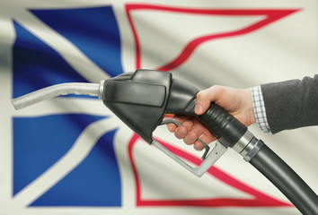 Fuel pump nozzle in hand with Canadian provinces flags on background - Newfoundland and Labrador