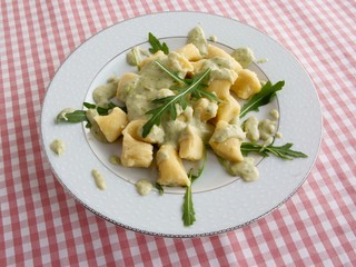 noodles with celery,potatoes,cheese and mushrooms sauce