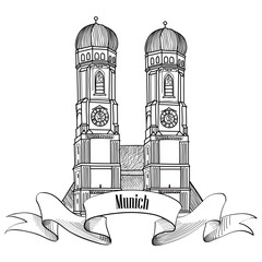 Munich city label. Munich Cathedral, Liebfrauenkirche in Munich/ - obrazy, fototapety, plakaty
