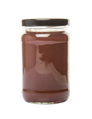 Raspberry fruit curd in glass jar over white background