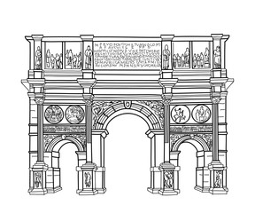 Arch isolated. Rome famous building Constantin's arch. Vector architectural sketch.