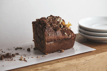 Side view half of tasty chocolate cake