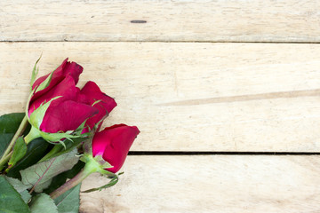 Valentines day background with red roses on wood texture for bac