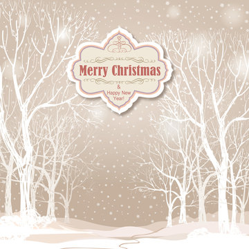 Christmas background. Snow winter landscape with trees in forest. Merry Christmas greeting card