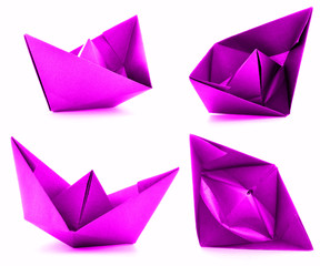 Pink paper ship photoset, origami collection isolated on white background