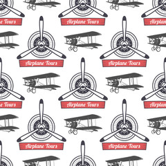 Vintage airplane tour pattern. Biplane propellers seamless background with ribbon, biplanes. Retro Plane wallpaper and design elements. Aviation style. Fly propeller, old icon, isolated. Vector