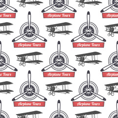 Vintage airplane tour pattern. Biplane propellers seamless background with ribbon, biplanes. Retro Plane wallpaper and design elements. Aviation style. Fly propeller, old icon, isolated. Vector © jeksonjs