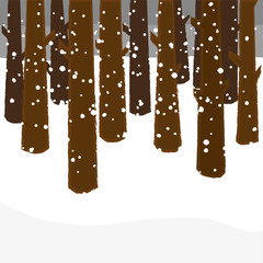Stylized trees in a forest in winter under a gloomy sky with snow flakes falling to the ground left blank for copy space